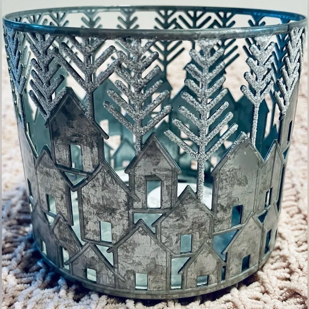 ❄️ GLITTER CAPPED TREES & HOUSES Theme Bath & Body 3 Wick Candle Holder Retired